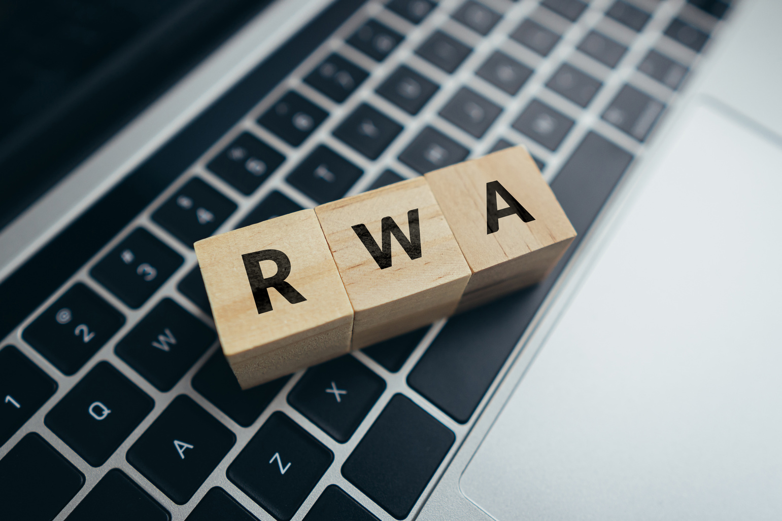 Concept Risk weighted asset or RWA. business acronym. Cubes with letters on a laptop.